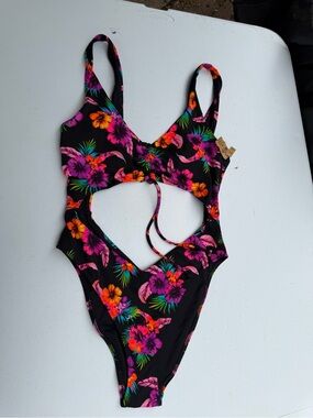 Victoria's Secret Black One-Piece Swimsuit with Neon Floral Print